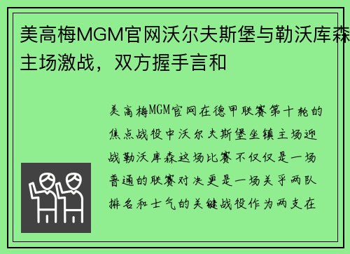 美高梅MGM官网沃尔夫斯堡与勒沃库森主场激战，双方握手言和